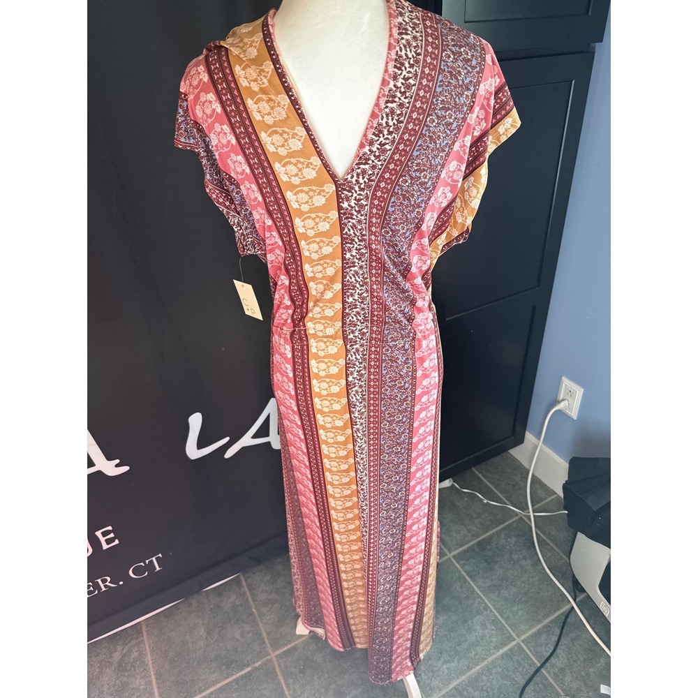 Cactus + Pearl Womens XXL Boho Floral Stripe V-Neck Drawstring Maxi Dress NWT - Picture 2 of 7